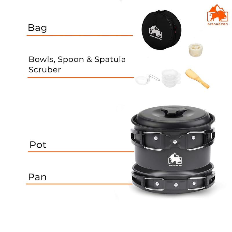 Image of BISONBERG 8 Pcs Camping Cookware Set, Mess Kit, Camping Accessories for Outdoor, Camping Utensils with Carry Bag, Camping Bowl Pot Pan Set - Nonstick Aluminum - for 2 People