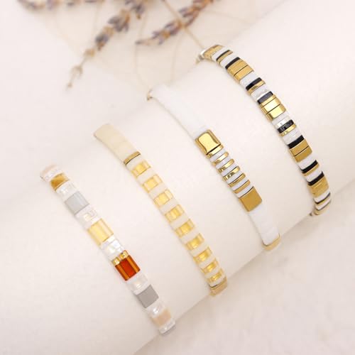 Tila Flat Beaded Bracelets Set for Women, 4Pcs Trendy Handmade Miyuki Glass Gold White Colorful Stack Beads Stretch Bracelet Festive Holiday Accessories Jewelry Gift.4