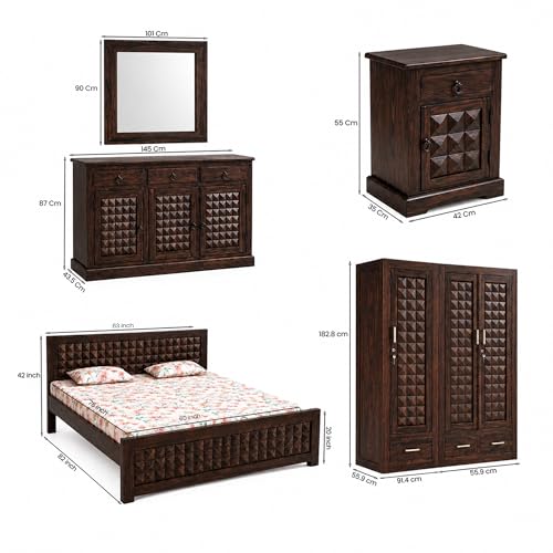 Image of SONA ART & CRAFTS Diamond Solid Sheesham Wood Bedroom Set | Queen Size Bed Without Storage, Wardrobe, Cabinet with Mirror & Two Bedside Tables - Walnut Finish (Assembly Included)