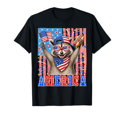 America 4th of July Funny Raccoon Hotdog Feral Women Men Kid T-Shirt