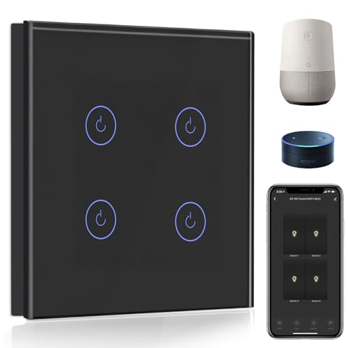 BSEED Interruttore WIFI 4 Gang 1 Via Interruttore Smart Compatibile con Google Home e Amazon Alexa, Interruttore a Parete a Sfioramento Nero(Richiesto la Linea Neutra)