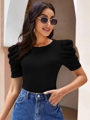 Image of POPWINGS Casual Solid Puff Short Sleeves Round Neck Top for Women |) Stylish Western Tops for Women || Summer Women Top