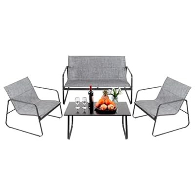 DUMOS 4 Pieces Patio Furniture Set Outdoor Patio Conversation Sets Poolside Lawn Chairs with Glass Coffee Table Porch Furniture for Courtyard, Garden and Balcony (Grey)
