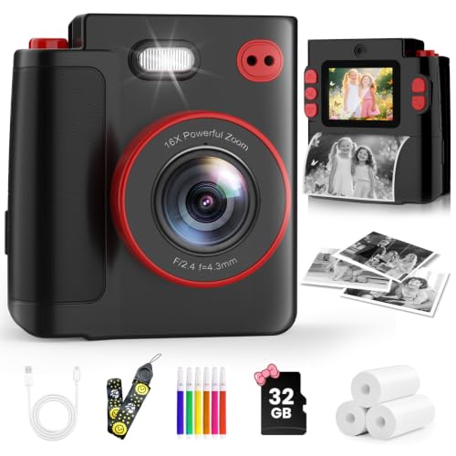 MYSTILUCK Kids Camera Instant Print 1080P Instant Camera for Kids Children Digital Cameras with 32GB Card & 3 Rolls Photo Paper Christmas Birthday Gifts Toys for Boys & Girls Aged 3-12Black