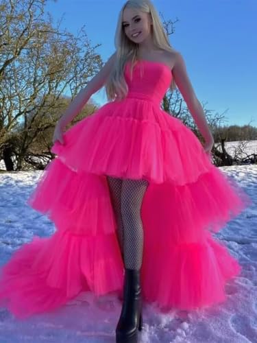 High Low Tulle Prom Dresses Long Strapless Tiered Formal Dresses A Line Evening Dress with Train4