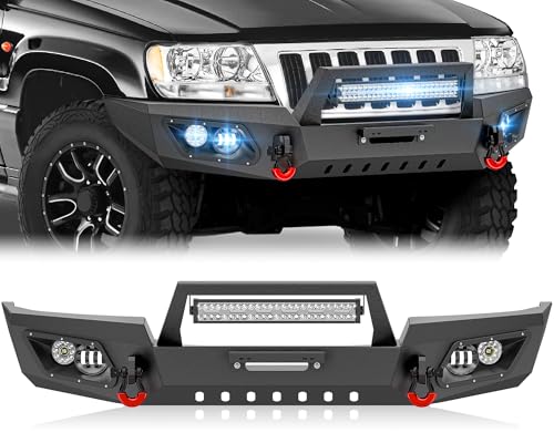 YZONA for Grand Cherokee WJ Front Bumper Compatible with 1999 2000 2001 2002 2003 2004 Jeep Grand Cherokee WJ 2nd Gen with 5 x LED Lights, Winch Plate, License Plate Frame & D-Rings, Black