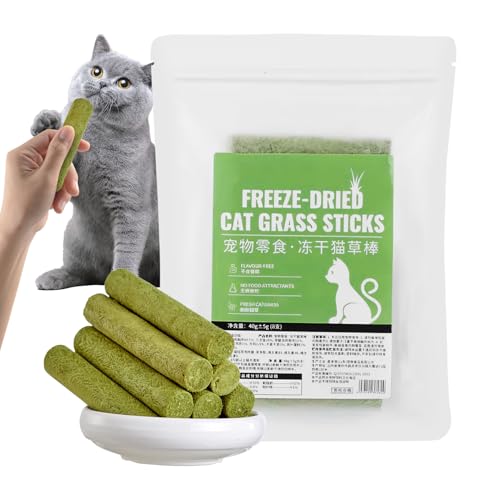 Bocadillos de hierba para gatos, mordedor de hierba para gatos, 8 palillos para gatos, golosinas de merienda liofilizadas para gatos, golosinas de limpieza dental con sabor para mantener al gato