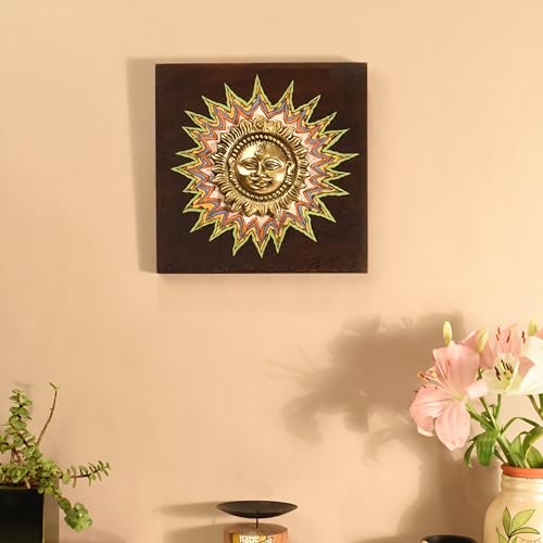 Image of Surya Wall Accent with beautiful Brass Sculpture of Surya Dev | Handcrafted Wall Art for Home Decor & Office Spaces