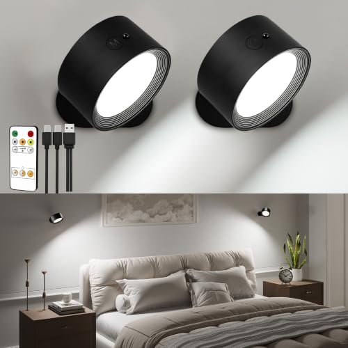 EZVALO LED Wall Lights 2000mAh Rechargeable Wall Lights Indoor 3 Color Temps with Remote and Touch Control 360Rotation Dimmable Cordless Wall Light for Living Room Bedroom (Black 2 Pack)