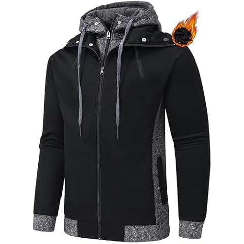 QPNGRP Mens Casual Fleece Hoodie Double Zipper Hooded Sweatshirt Jacket Black Large Cover