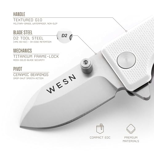 Image of WESN Microblade Premium Folding Pocket Knife - 1.5 inch D2 Steel Blade, Compact Titanium EDC Knife with G10 Handle, Manual Thumb Stud, Deep Carry Clip - Lightweight Everyday Carry (White /Titanium)
