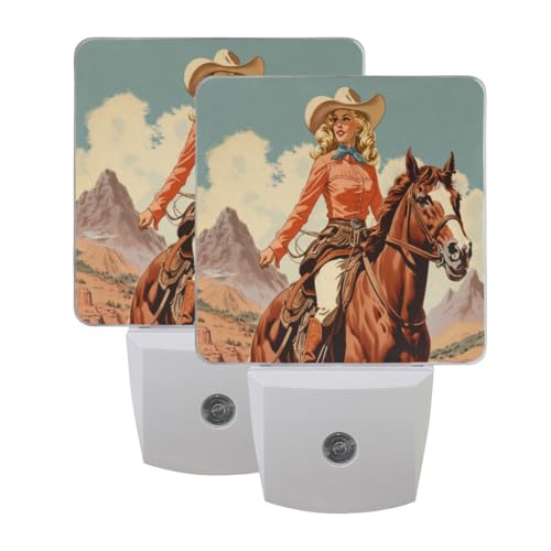 Image of Cowgirl Cowboy Horse View Night Lights 2 Pack Plug-in Wall Led Nightlight Auto Dusk-to-Dawn Sensor Lamps for Bedroom Kitchen Bathroom