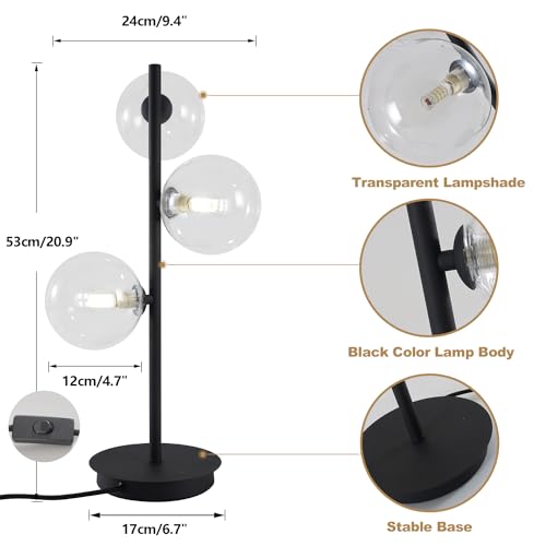 Image of 3-Light Black Table Lamp, Mid Century Nightstand Lamp with Clear Glass Globe Shade, Contemporary Bedside Lamp for Bedroom Living Room Study Room