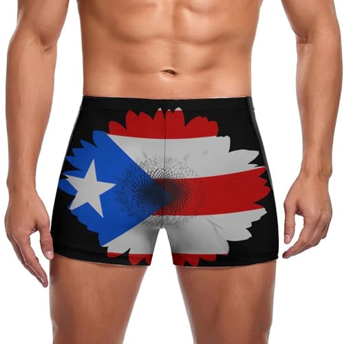 Melbrakin Bañador Deportivo para Hombre con la Bandera de Puerto Rico y Flores, Estilo bóxer novedoso.
