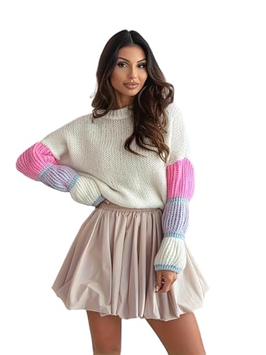 Women's Knitted Sweater, Color Blocked Bubble Sleeves, Crew Neck, Chunky Knit