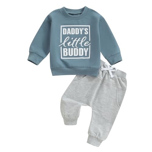 baorji Toddler Baby Boy Fall Outfits Daddy's Little Buddy Long Sleeve Sweatshirt Top Solid Pants Set 2Pcs Boys Winter Clothes (Blue, 6-12 Months)