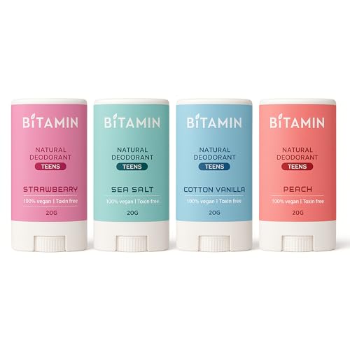 Image of Bitamin Natural Deodorant Underarm Roll On Cream For Kids & Teens | Kids Deodorant Roll On for Girls & Boys With 3% Vitamin C & E | No Aluminium, No Alcohol, No Parabens & No Triclosan | 8 Hour Odour Control, Ages 10-18 | Sea Salt, Peach, Cotton Vanilla, Strawberry (20 g Pack of 4)