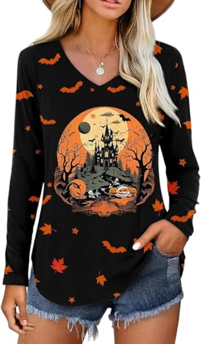 Nigbriz Womens Haunted Castle Bat and Pumpkin Graphic T-Shirt,Black-17,XL