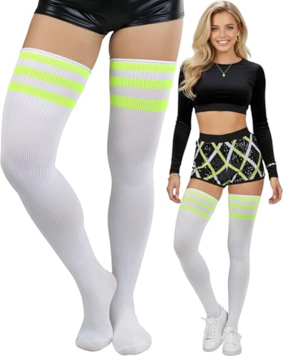 Image of ToBeInStyle Women's Heavyweight Knit Thigh High Long Socks w /Contrast 3 Stripe Top Band - White /Neon Green