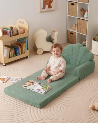 Image of Blissful Diary Foldable Kids Couch, 2-in-1 Kids Sofa Chair, Green Shell | 50.8 inch Fold-Out Play Area, Supportive Foam, Washable Cover, Carry Handle, Pre-Assembled, Kid-Safe Zipper