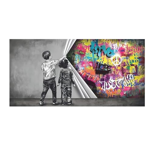 Toile Banksy garçon et fille de 40x80 cm avec cadre pour décoration murale