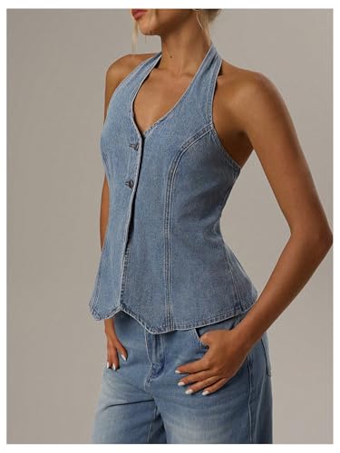 SweatyRocks Women's Denim Top Halter Neck Backless Jean Vest Tops Button Up Waistcoat3