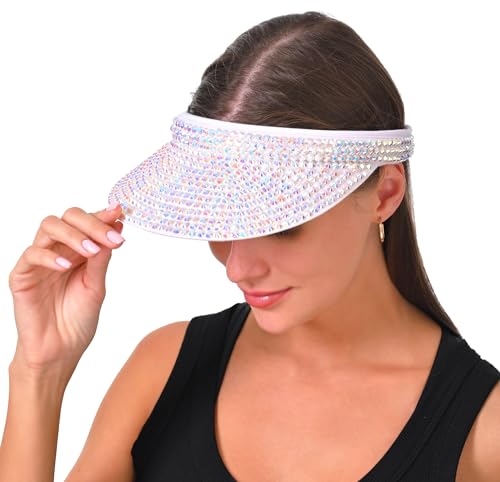 Sun Visor Women Men Adjustable Bling Crystals Clip On Visors Studded Shiny Rhinestone Hat Outdoor Sports Summer Ladies Cap Fashion Party Golf Beach Running (White)