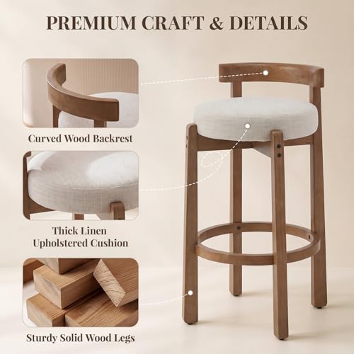 Image of LukeAlon Mid Century Linen Bar Stools Set of 2, 30.25 inch Seat Height Upholstered Barstools with Wood Legs Modern Tall Bar Chair with Curved Low Back Round Footrest for Pub Home Kitchen Island, Beige