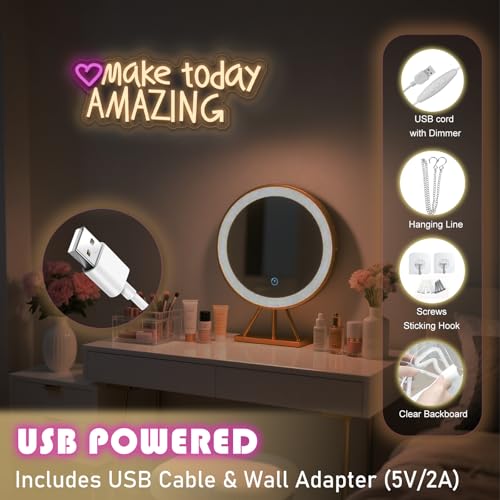 Make today Amazing neon sign, suitable for classroom wall decoration, back-to-school season, graduation season, student gifts. Dimmable, USB powered, pink heart-shaped inspirational neon light. - Thumbnail 3