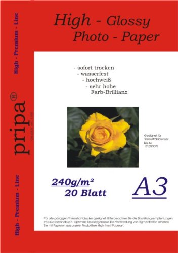 Pripa - Papel fotográfico DIN A3, 240 g/m², brillante, secado inmediato, resistente al agua, muy alto brillo fotográfico, 20 hojas, color blanco brillante