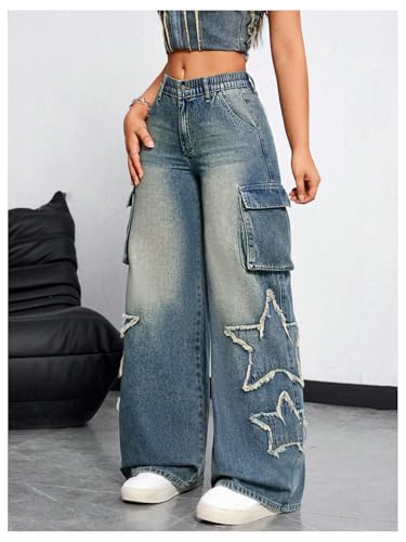 SHENHE Women's Low Waisted Wide Leg Cargo Jeans Star Denim Pants Loose Y2k Baggy Jeans Streetwear3