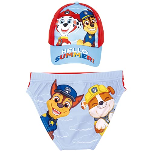 Bañador Patrulla Canina para Niños + Gorra Paw Patrol | Pack de Bañador y Gorra Patrulla Canina | Bañador Tipo Slip para Playa o Piscina + Gorra de Paw Patrol Ajustable (6 años, Rojo)