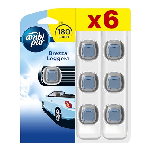 Ambi Pur Car Starter Kit Deodorante Per Ambienti Con Clip Alla Brezza Leggera Per Combattere Gli Odori Sgradevoli Dall’Auto, 2ml, 6 Pezzi