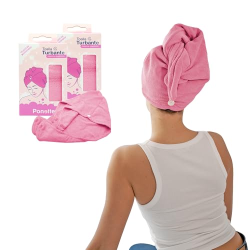 Ponette - 2 Toallas Turbante de Máxima Absorción, Toallas para Secar el Pelo sin Encrespamiento, Botón de Sujeción, Tratamientos Capilares, Menos Secado con Secador