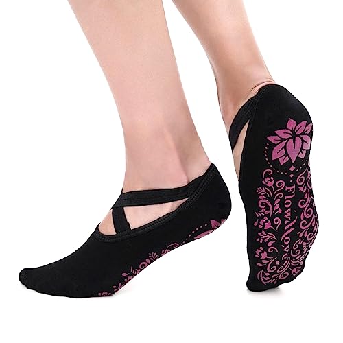 FlowMove Women's Non Slip Ballerina Socks with Straps and Grips, Ideal for Barre, Pilates, Dances, Yoga, Stretching, Barefoot Activities, Size 6-8.5US
