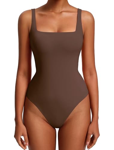 Avidlove Womens Sexy Square Neck Bodysuits Backless Double Lined Tank Tops Thong Body Suits Going Out Outfits(Brown L)