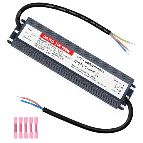 100W LED Driver 24V LED Power Supply, Waterproof IP67 AC 110V-250V to DC 24V Transformer Adapter with Heat Shrinkable Connector for Indoor and Outdoor LE.D Light, Computer Project.