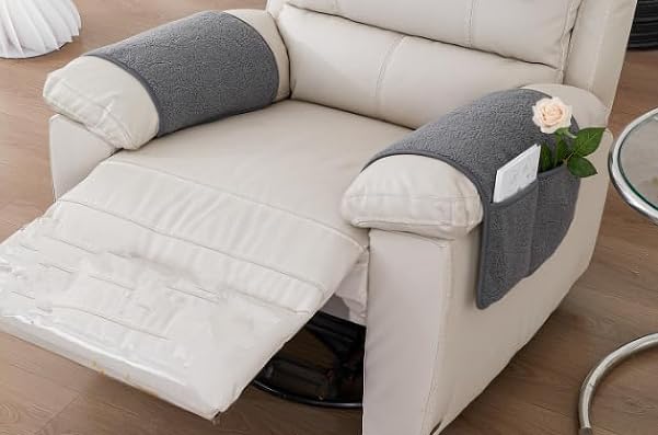 2 Pcs Recliner Chair Cover Chair Head Covers Armrest Towel Single Sofa Arm Cover with Pocket Storage Bags Recliner Armrest Covers Furniture Protector Home (Light Grey)