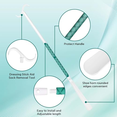 35\" Long Dressing Stick with Shoe Horn with Sock Removal Tool, Adjustable Extended Dressing Aids for Shoes, Socks and Pants (White)
