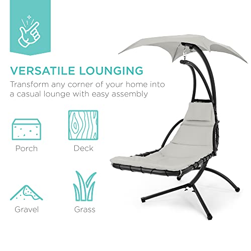 Best Choice Products Outdoor Hanging Curved Steel Chaise Lounge Chair Swing W/Built-In Pillow And Removable Canopy - White Sand #TOP4