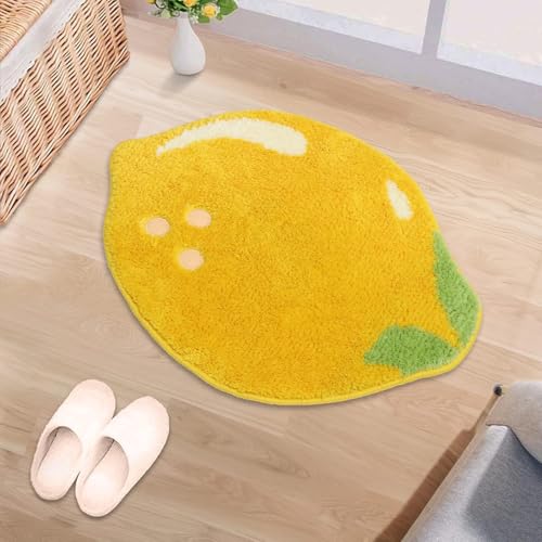 Image of Microfiber GAVI Super Soft Rectangular Bath Mat Anti Skid Cute Absorbent Kids Small Bath Mat Cartoon Fruit Bathroom Rug Non Slip Cute Floor Anti Slip Mat (60 x 40 Cm) (Lemon Yellow)