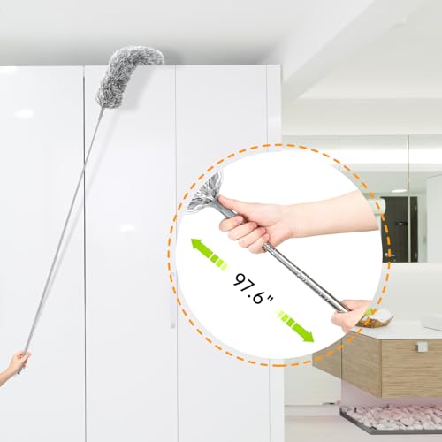 Image of SANLIKE Microfiber Feather Duster Ceiling Fan Cleaner Duster with 98 inches Extra Long Pole Duster for High Ceiling Cleaning Wall Furniture Window