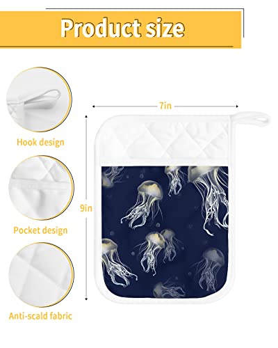 2 Pack Pocket Pot Holders, Ocean Jellyfish Hot Pads For Kitchen Heat Insulation Potholders, Underwater World Nautical Animal Navy Blue Pot Holder Oven Mitts Hot Pad Trivet For Baking Cooking 9"X7" #TOP2