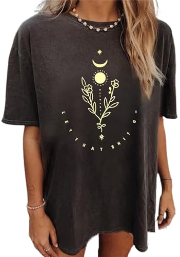 Image of Remidoo Women's Casual Graphic Tee Oversized T Shirt Short Sleeve Letter Sun Moon Shirts Grey X-Large