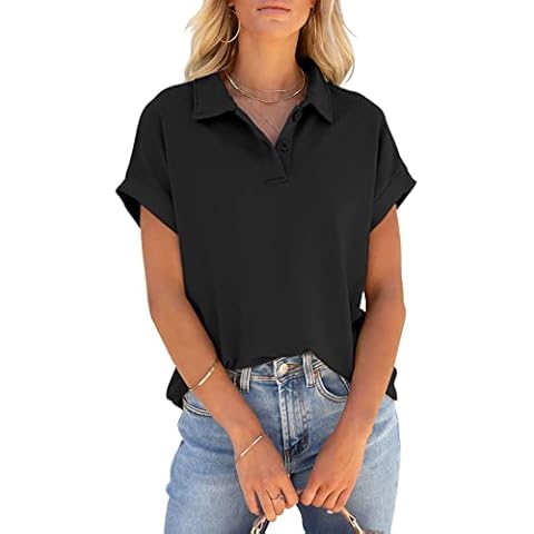 PGANDS Women's Short Sleeve Polo Shirts Collared V Neck Button Summer Casual Top Black Cover