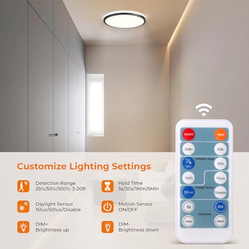 Matane Motion Sensor LED Ceiling Light with Remote, 12 Inch Wired Flush Mount Ceiling Light 3000K 4000K 5000K, 2400LM Dimmable Motion Sensor Light Indoor for Closet Hallway Laundry Stairs Black
