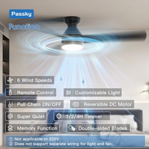 Image of Passky Ceiling Fans with Lights, 52 inch Low Profile Ceiling Fan with Pull Chain and Remote Control, Flush Mount, Reversible, 5CCT, Dimmable, Noiseless, Black Pull Cord Ceiling Fan for Bedroom