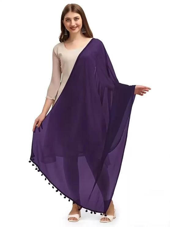 LERELIABLE Women's Chiffon Solid Dupatta/Skarf/Stall/Hijab Size 2.25 Meters With Pom Pom Lace Daily Use For Women/Girls-image-9