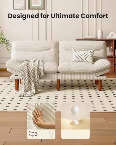 Image of Amada 75 inch Convertible Futon Sofa Bed, Corduroy Folding Futon Set with Adjustable Backrest &Armrests, Recliner Lounge for Living Room, Apartment or Office, Solid Wood Frame, Loveseat Sofa -White