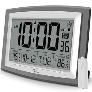 WallarGe Atomic Clock with Outdoor and Indoor Temperature – 12.5 Inch Self-Setting Digital Clock Large Display, Battery Operated Wall Clocks or Desk Clocks for Bedroom, Livingroom, Office